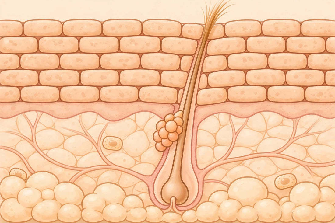 Cartoon illustration of skin layers with a hair follicle