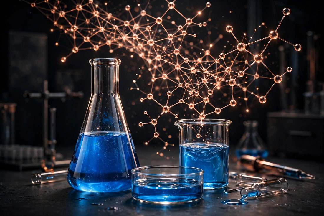 Laboratory glassware with blue copper-peptide liquid and a glowing copper molecular network